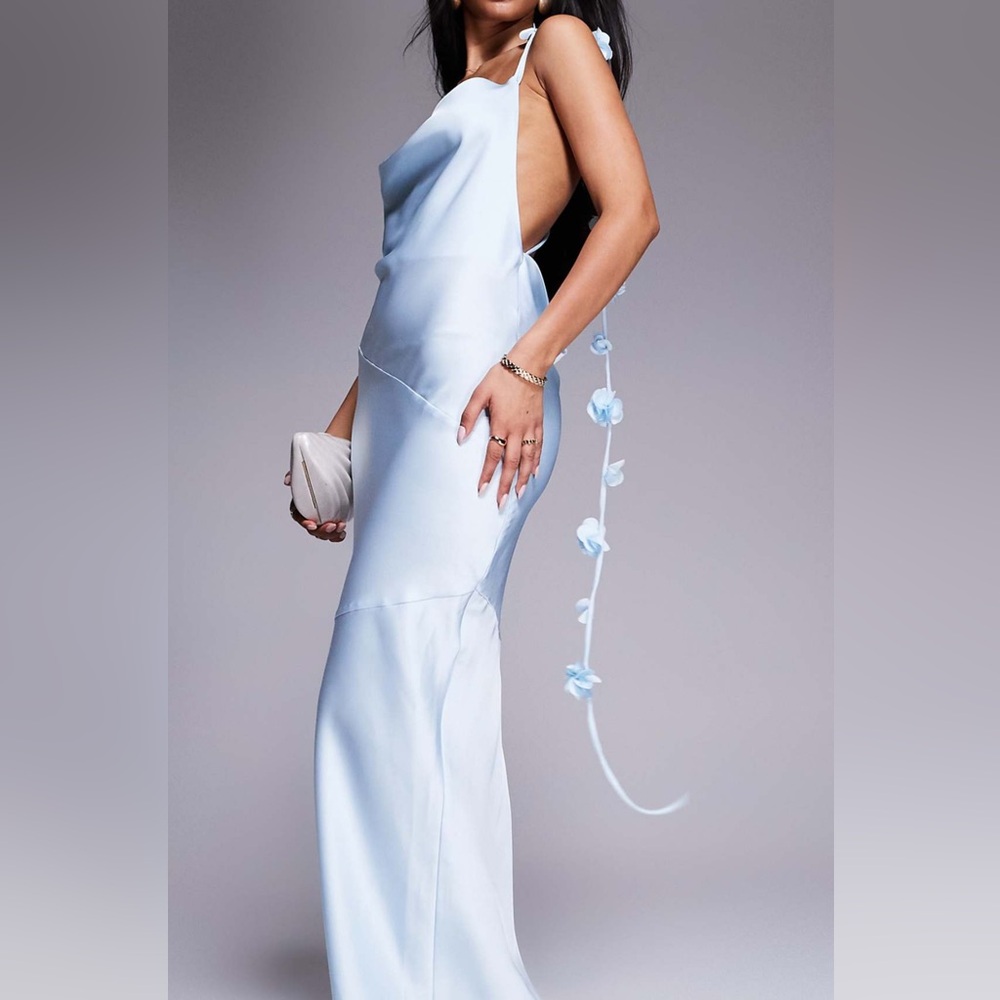 Wanderdoll Aria Premium Satin Cowl Neck Flower Drape Maxi Dress in Light Blue